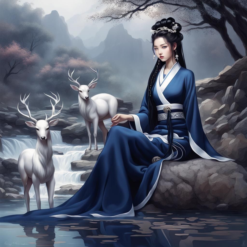 Xianxia Fantasy: Woman by Stream with Deer