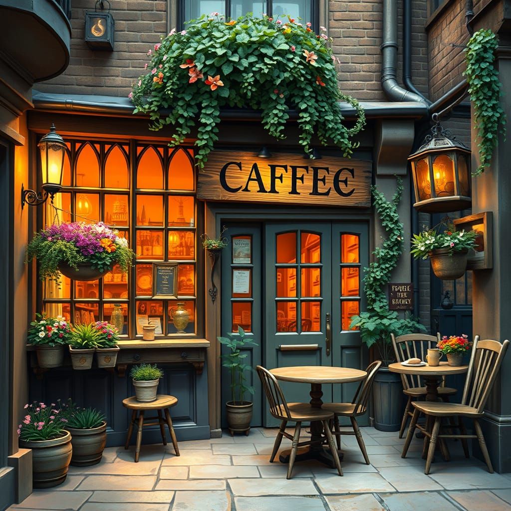 Charming Diagon Alley Café with Magical Blooms
