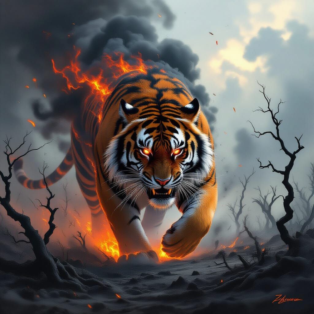 Colossal Smoke and Ember Tiger in Dark Fantasy Style