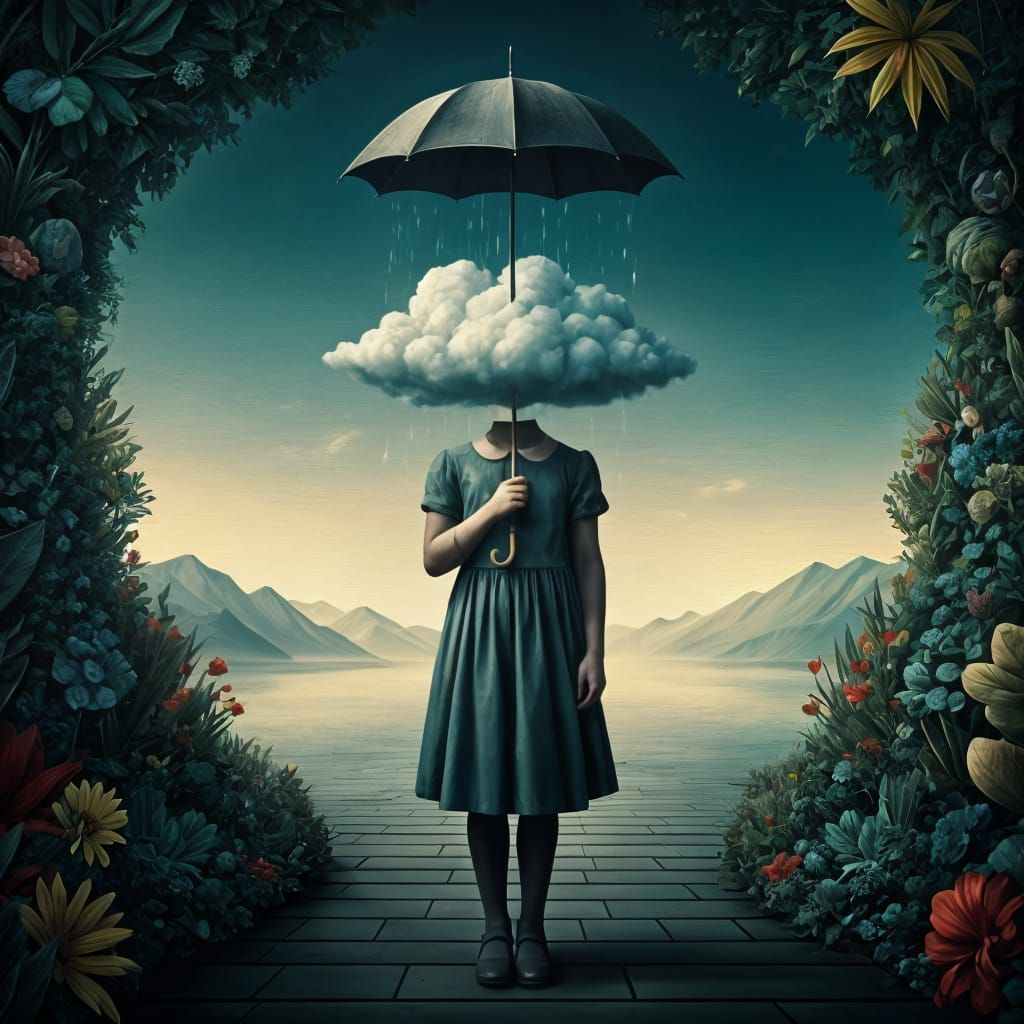 Surreal Oil Painting of a Girl in a Cloud