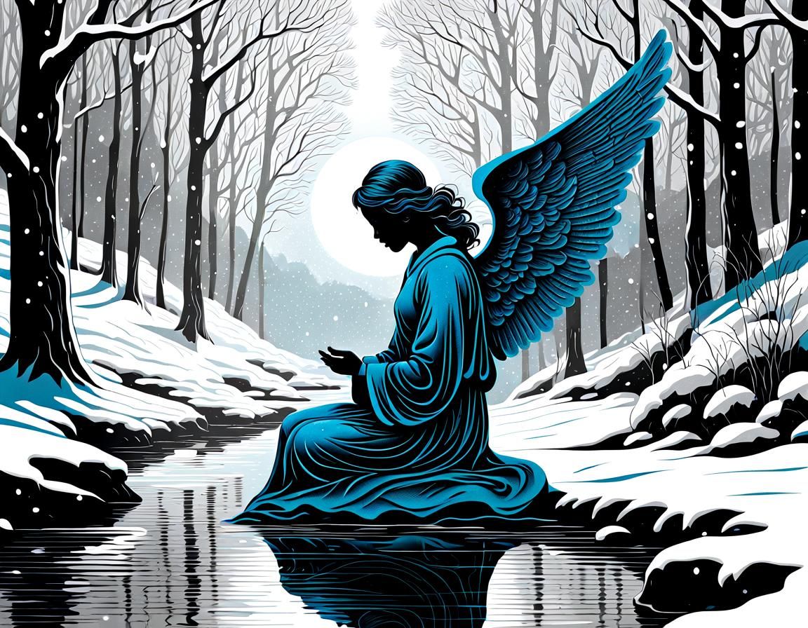 Monochromatic Angel Silhouette in Snowy Forest