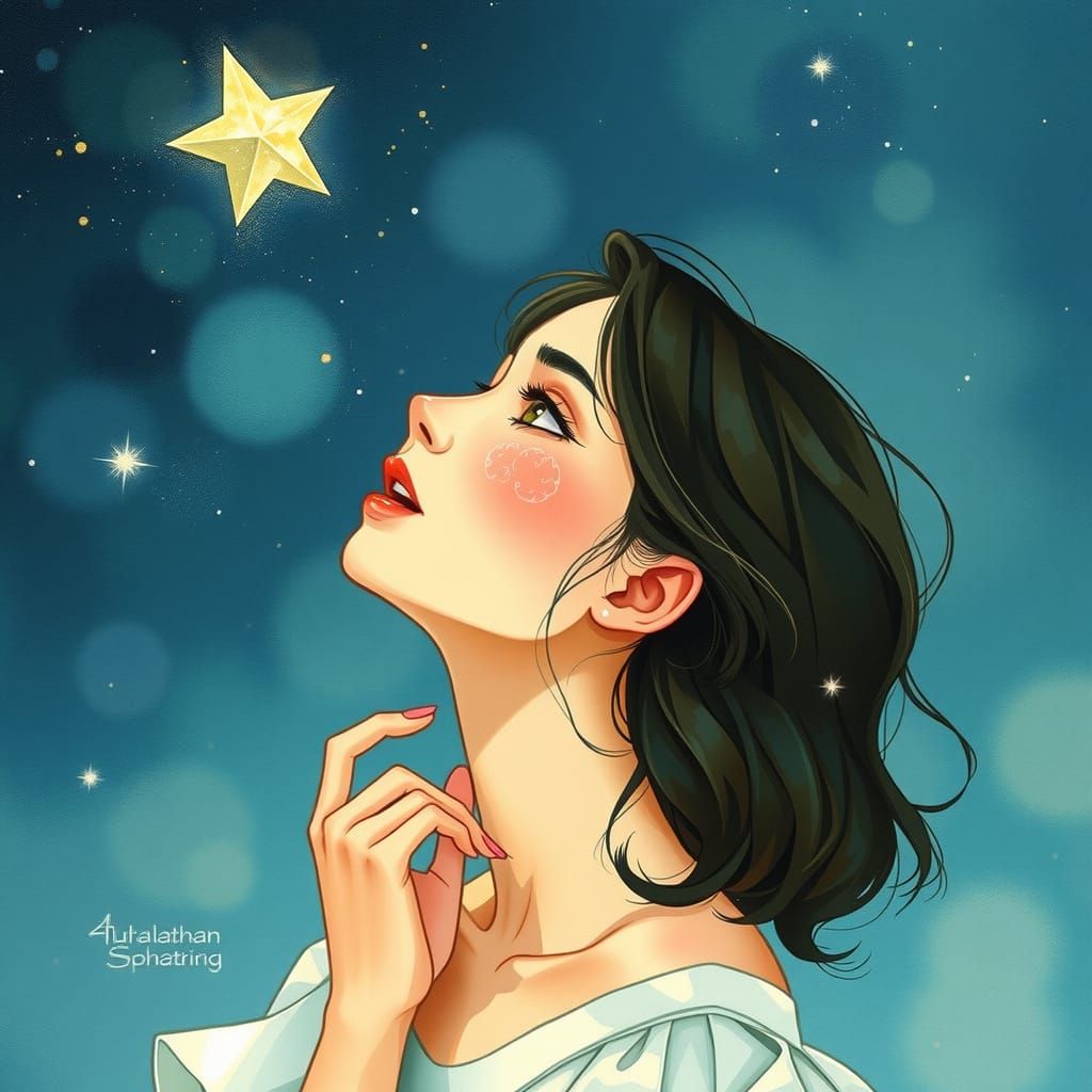Whimsical Woman Contemplates a Distant Star in Dreamy Waterc...
