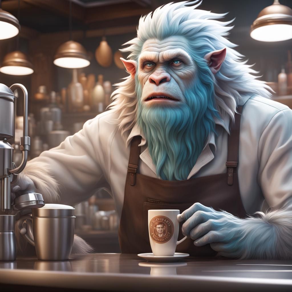 Yeti Barista Portrait in Coffee Shop, Detailed Art