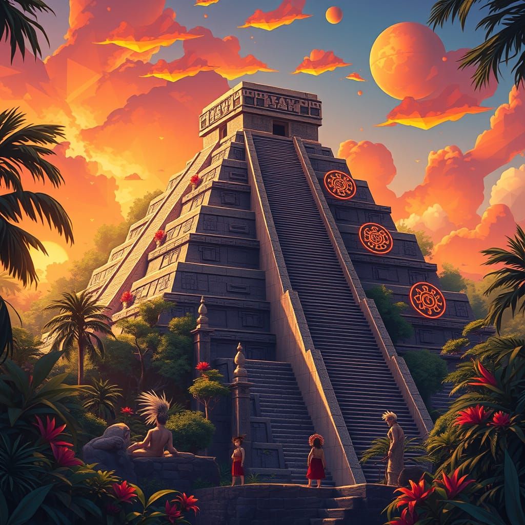 Majestic Mesoamerican Pyramid in Anime Style