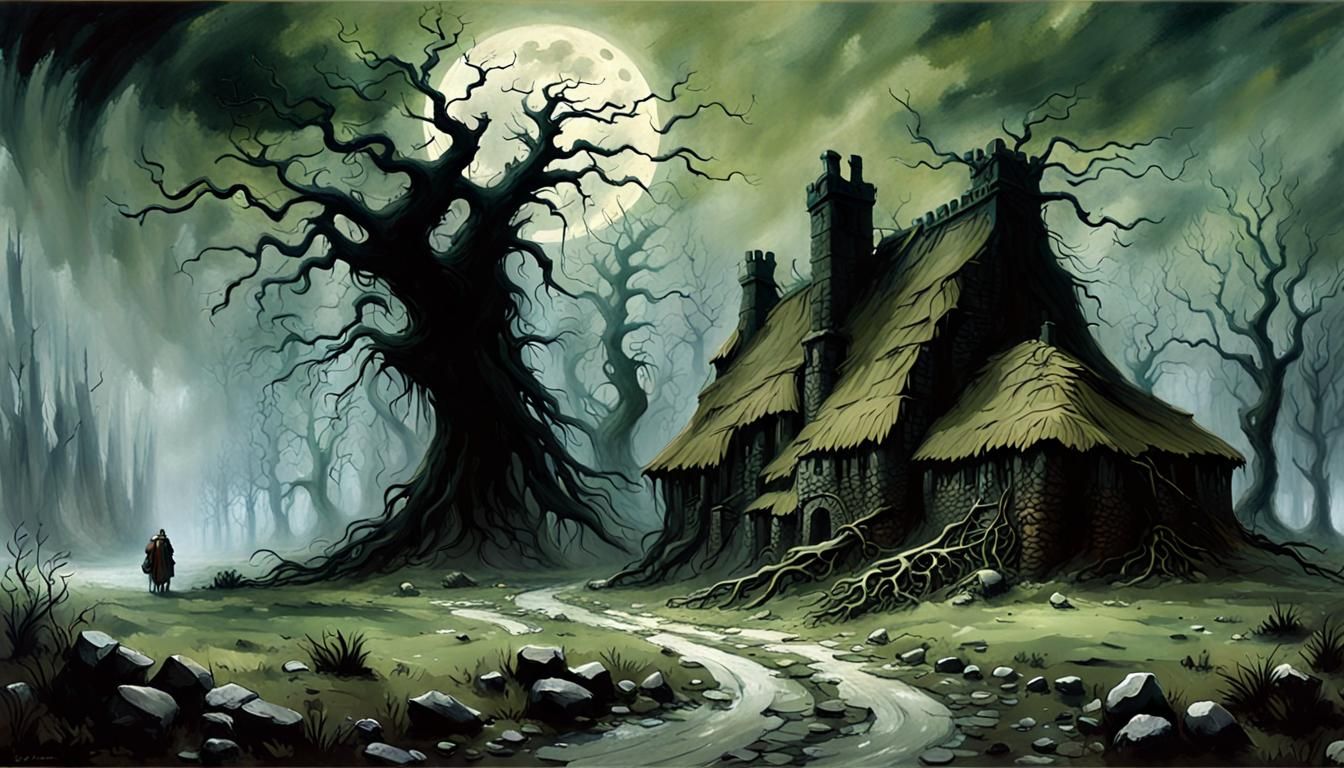 Moonlit Thatched Village in Ireland, Detailed Painting