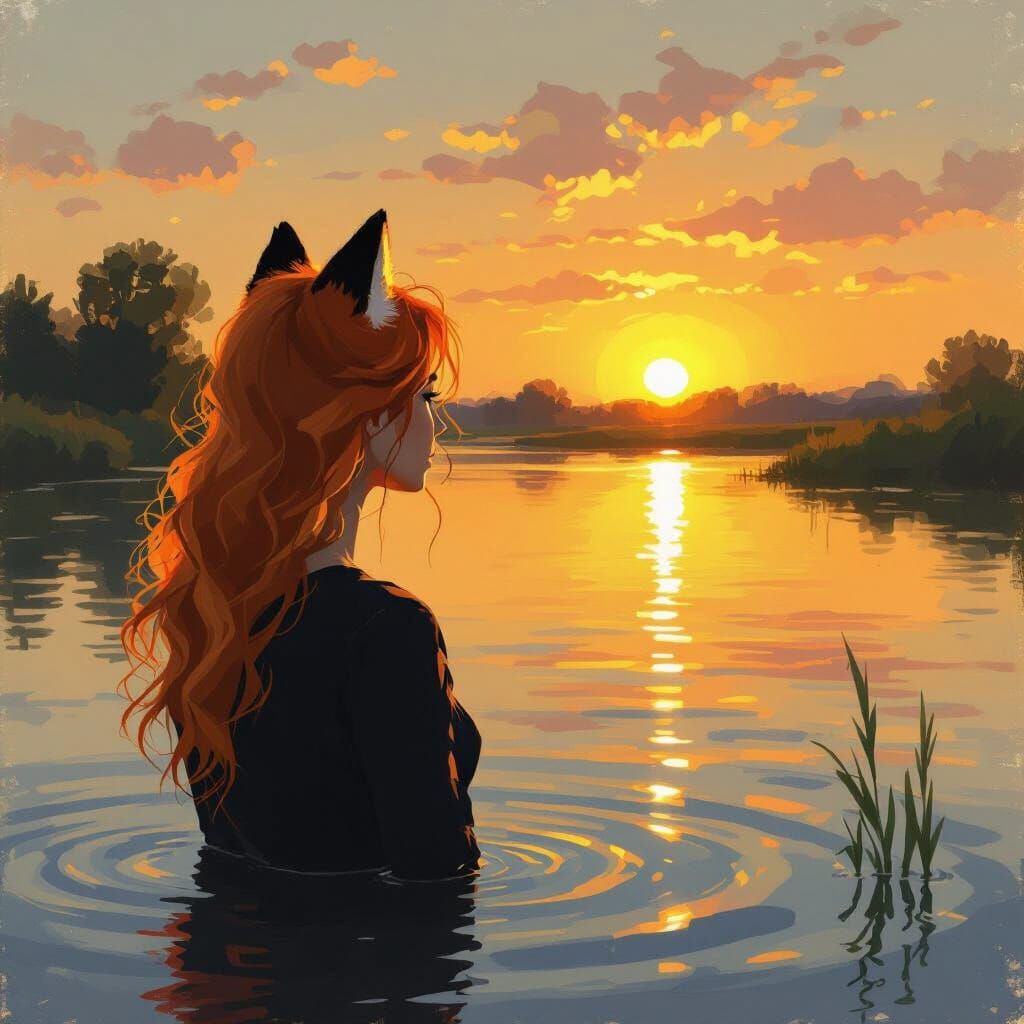 Fox-Haired Woman Gazes at River Reflection