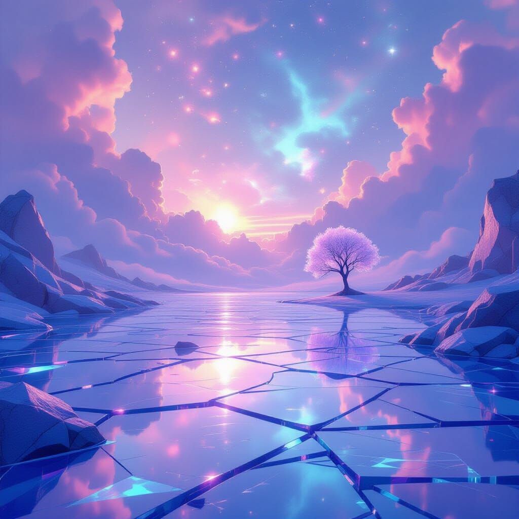 Ethereal Galaxy Landscape with Shattered Glass Ground