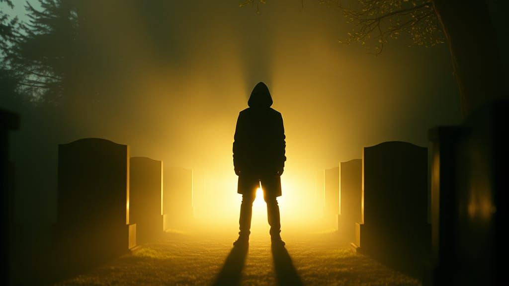 Mysterious Figure in Cemetery: Cinematic Film Still