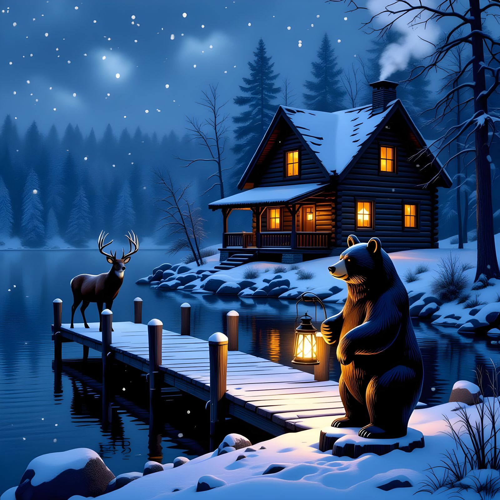 Cozy Log Cabin by Snowy Lake at Dusk
