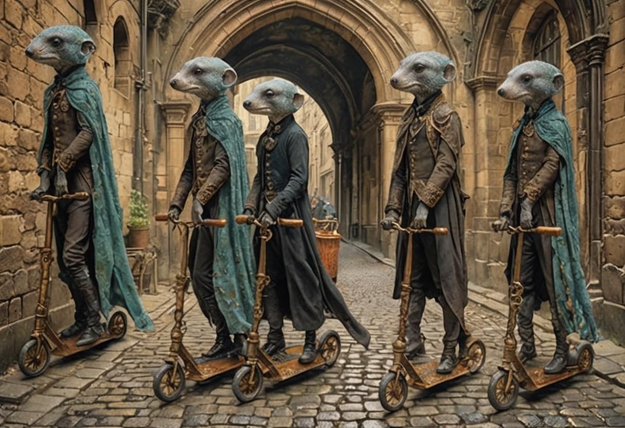 Moles in Elegant 18th Century Attire Ride Vintage Velocipede...