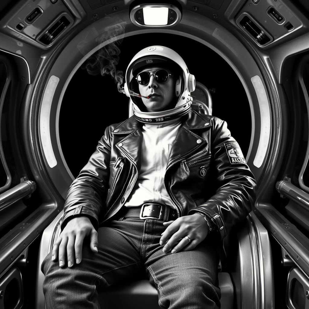 Astronaut Smoking in Retro Spaceship, 1950s Film Noir Style