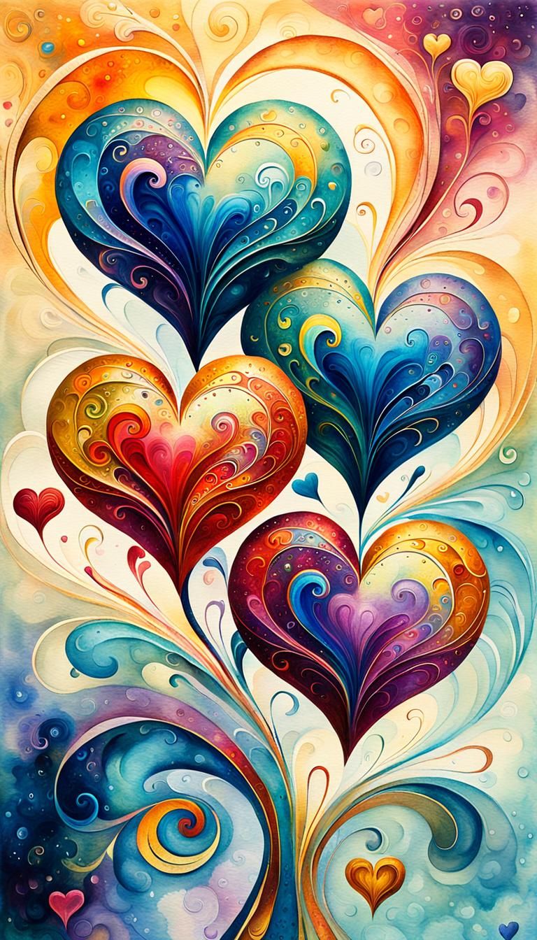 Psychedelic Hearts in Surrealist Watercolor Painting