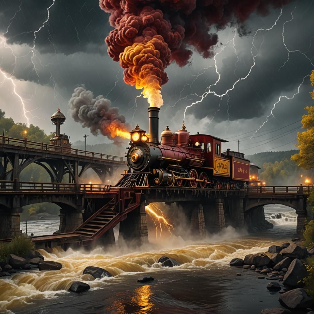 Steam Engine on Bridge in Lightning Storm