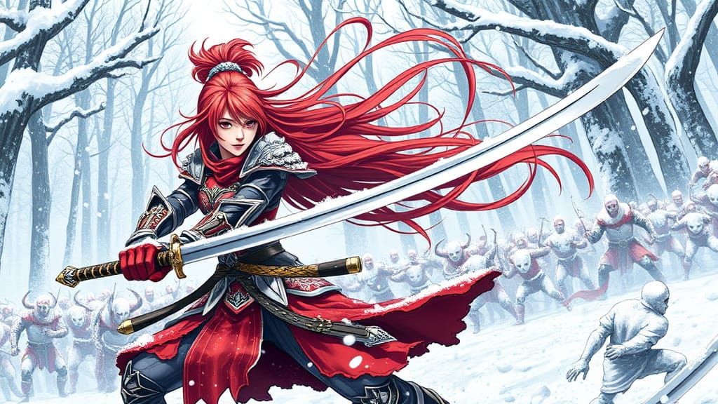 Warrior Goddess of Crimson Fury in Snowy Battle