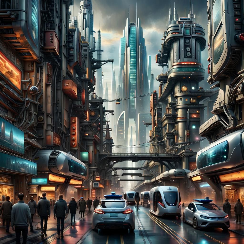 Futuristic Cityscape with Robots in Digital Art