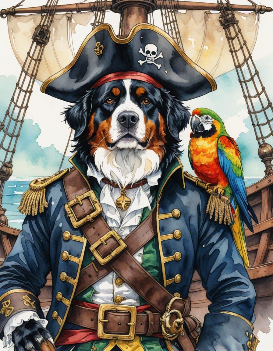 Bernese Mountain Dog as Pirate Captain in Watercolor