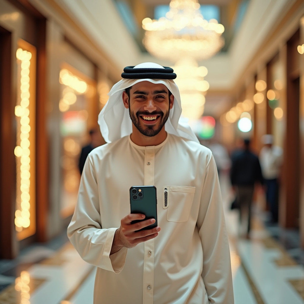 Joyful Kuwaiti Man with iPhone 16 Pro Max