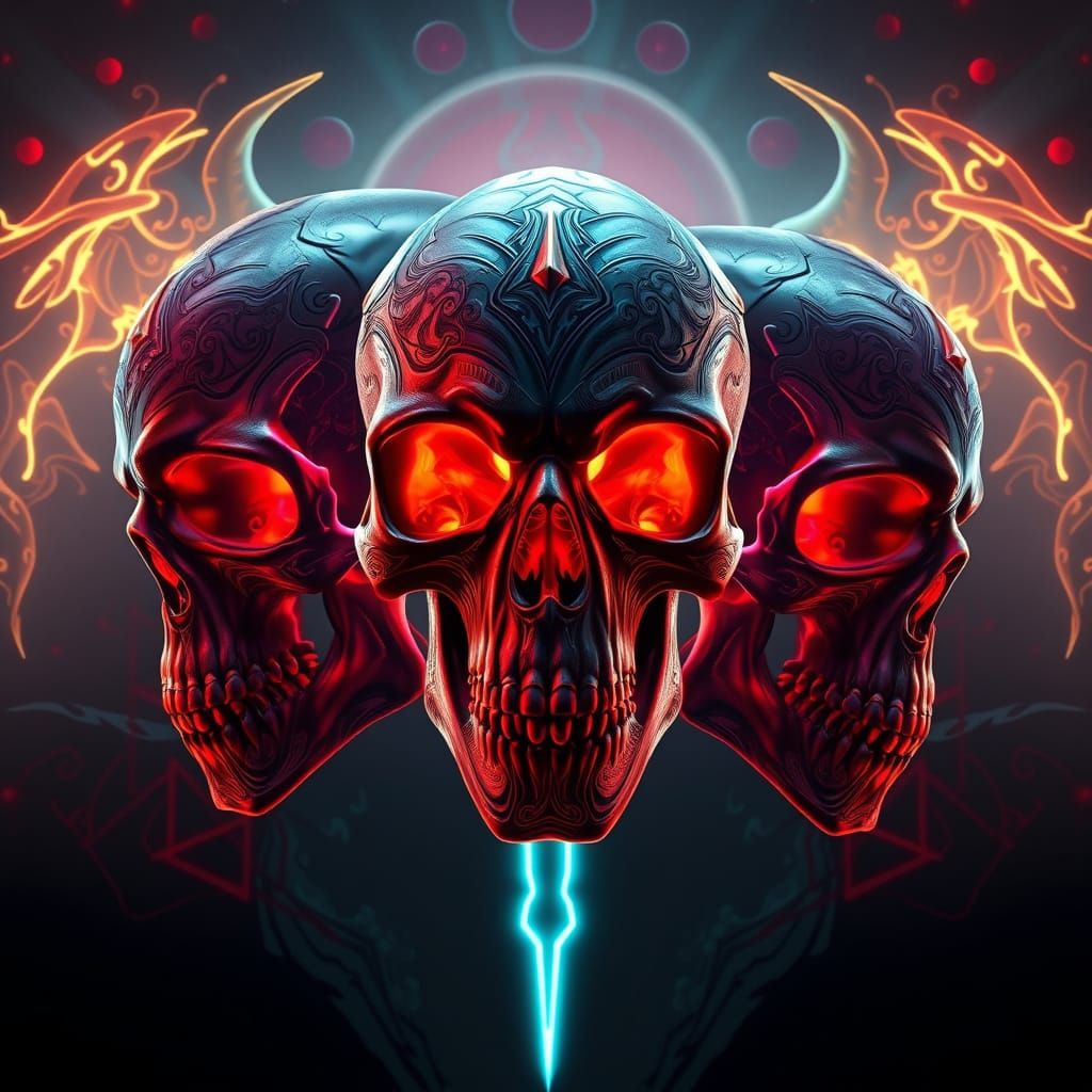 Detailed Skulls with Neon Accents in Dramatic Lighting