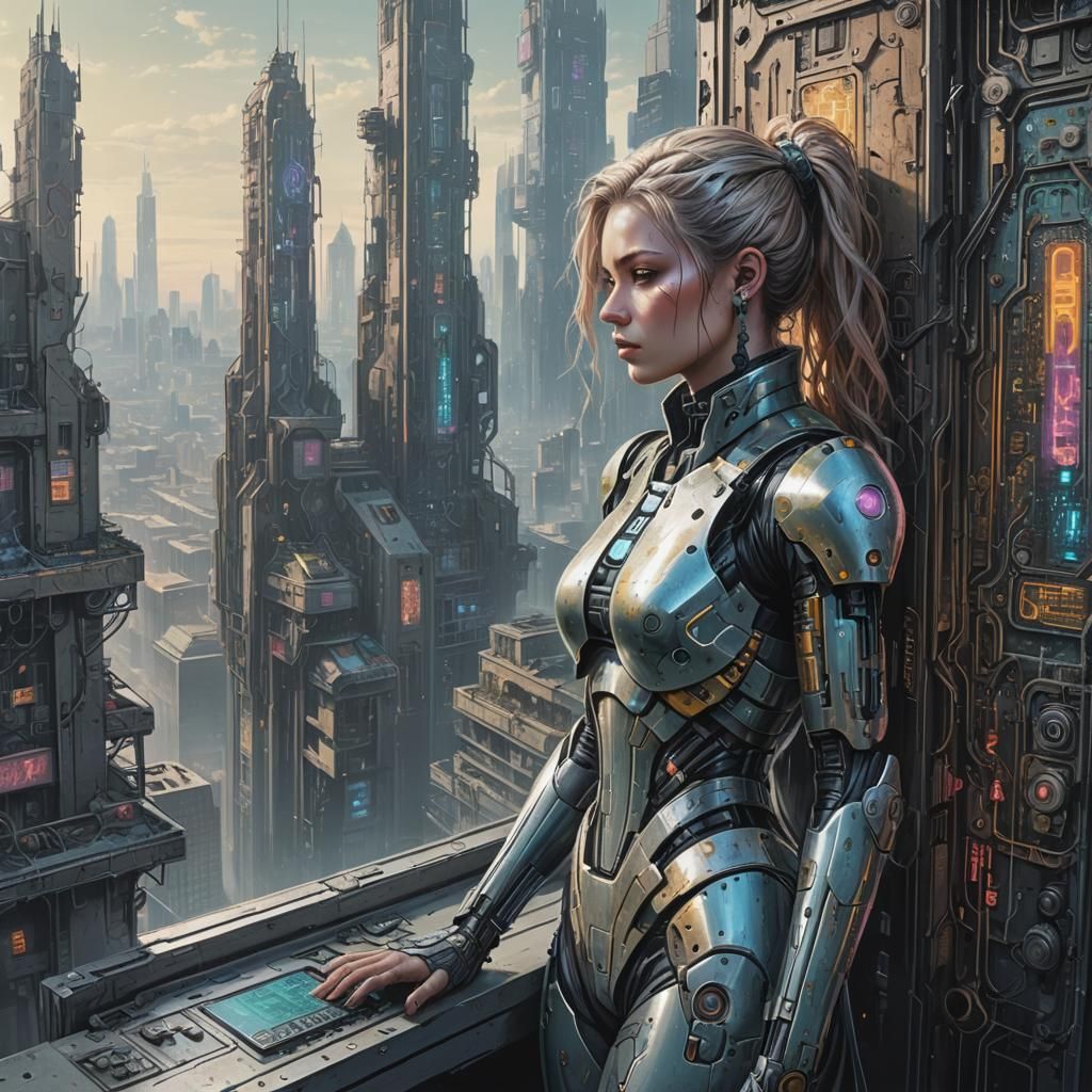 Android Contemplates Cyberpunk Wasteland in Chalk Style