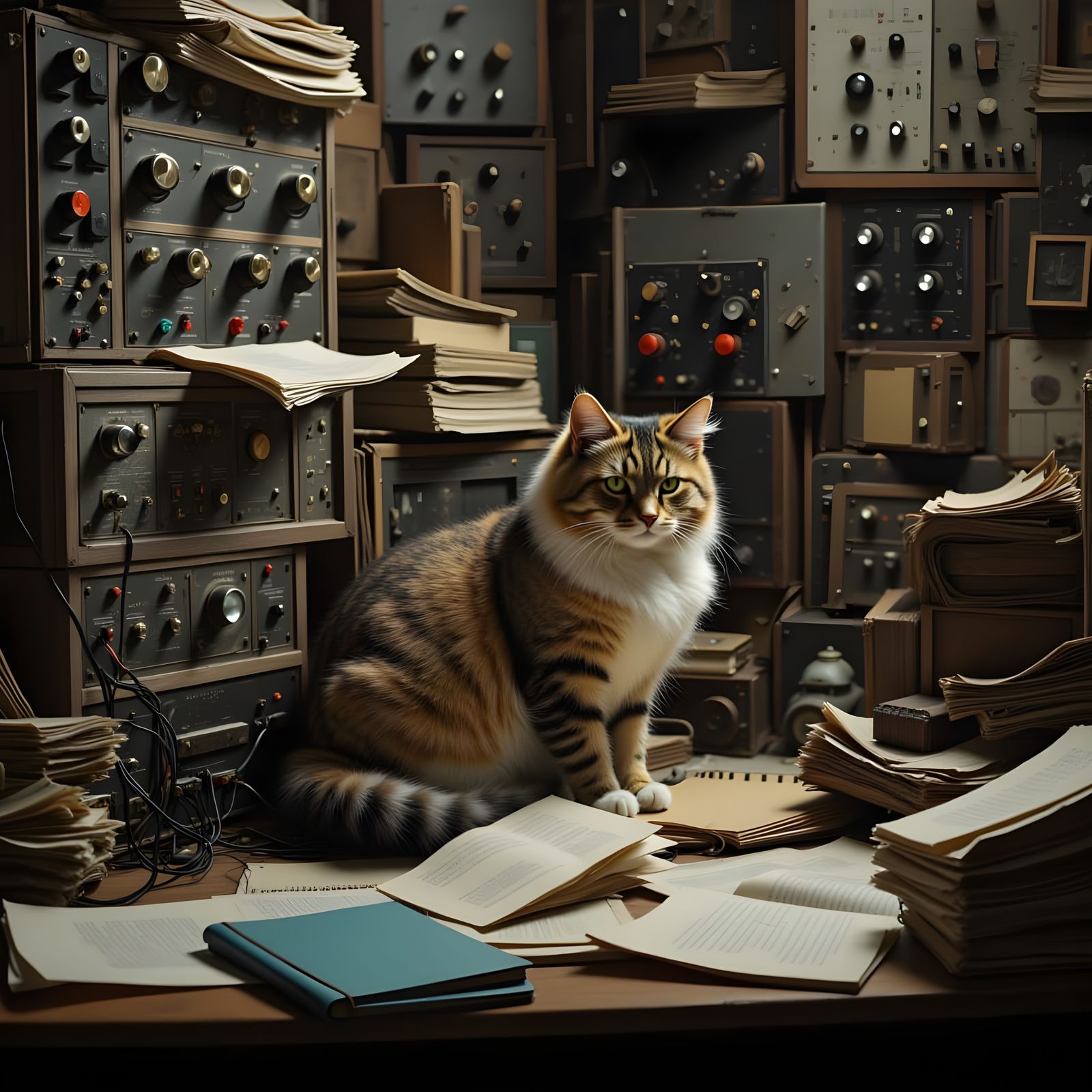 Whiskered Wizard Among Vintage Electronics