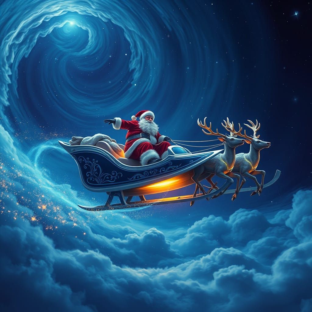 Surreal Santa Claus soars through starry skies on silver sur...