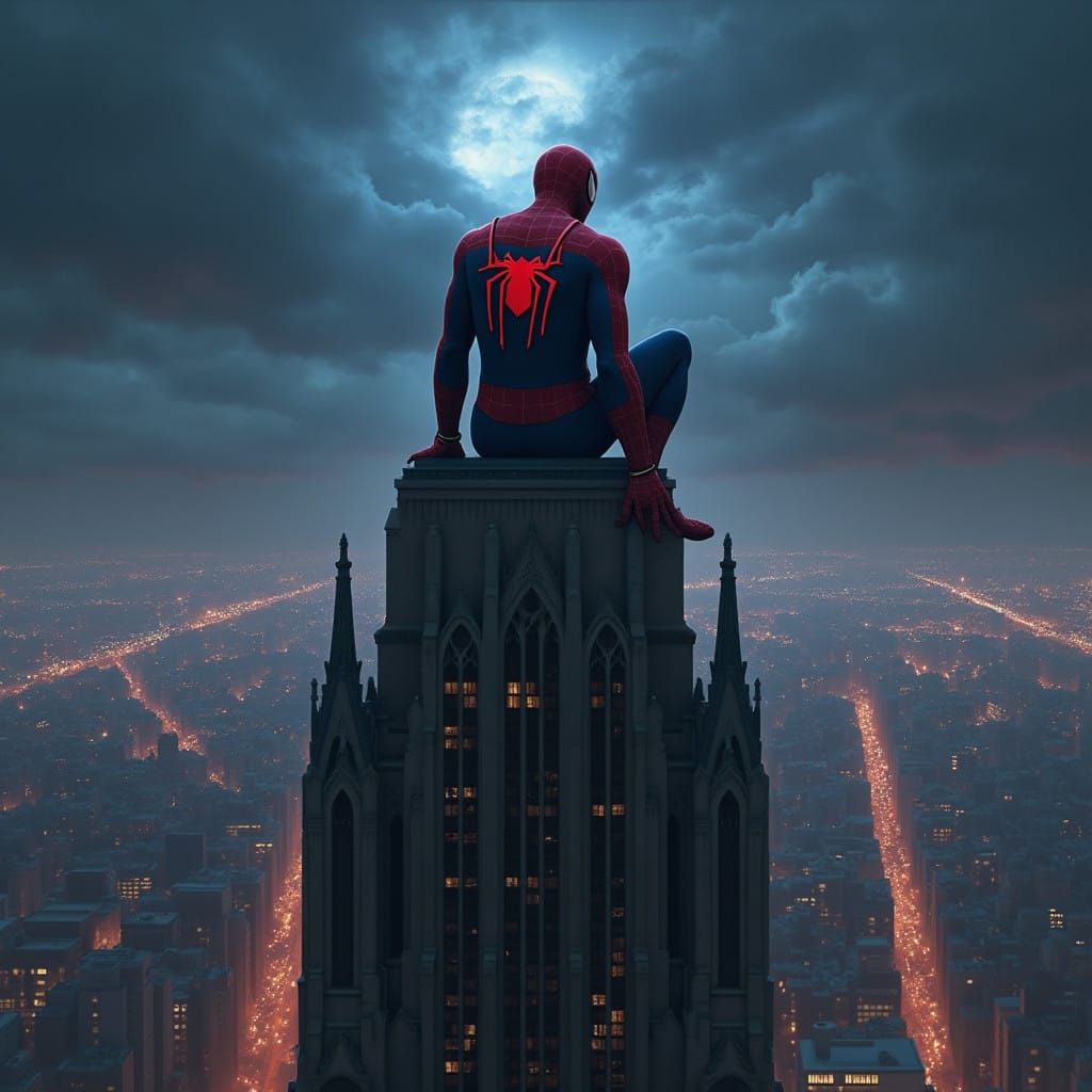 Dark Synth Spiderman in Dystopian Skyscraper
