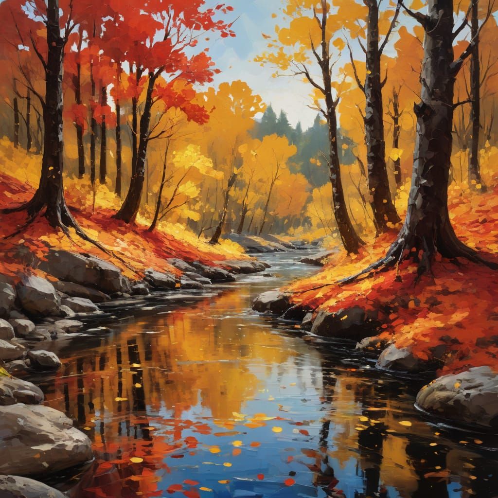 Autumnal River Landscape in Impasto Style