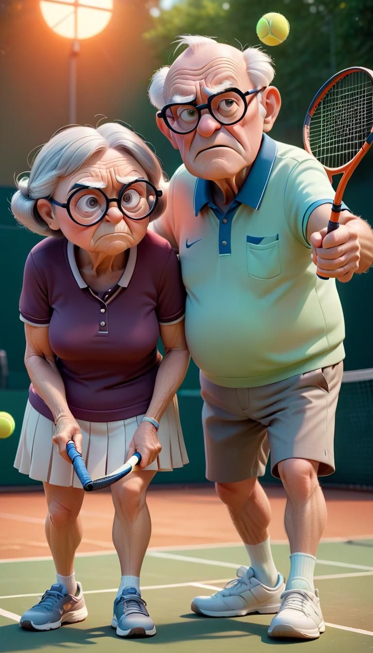 Elderly Couple Playing Tennis in Pixar Style