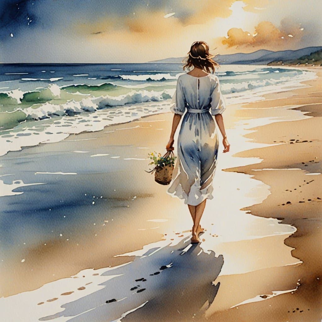 Woman on Beach in Watercolor Painting Style