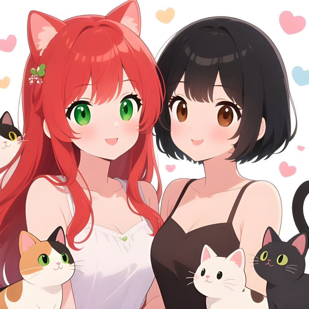 Anime Girls with Cute Cats in Kawaii Style