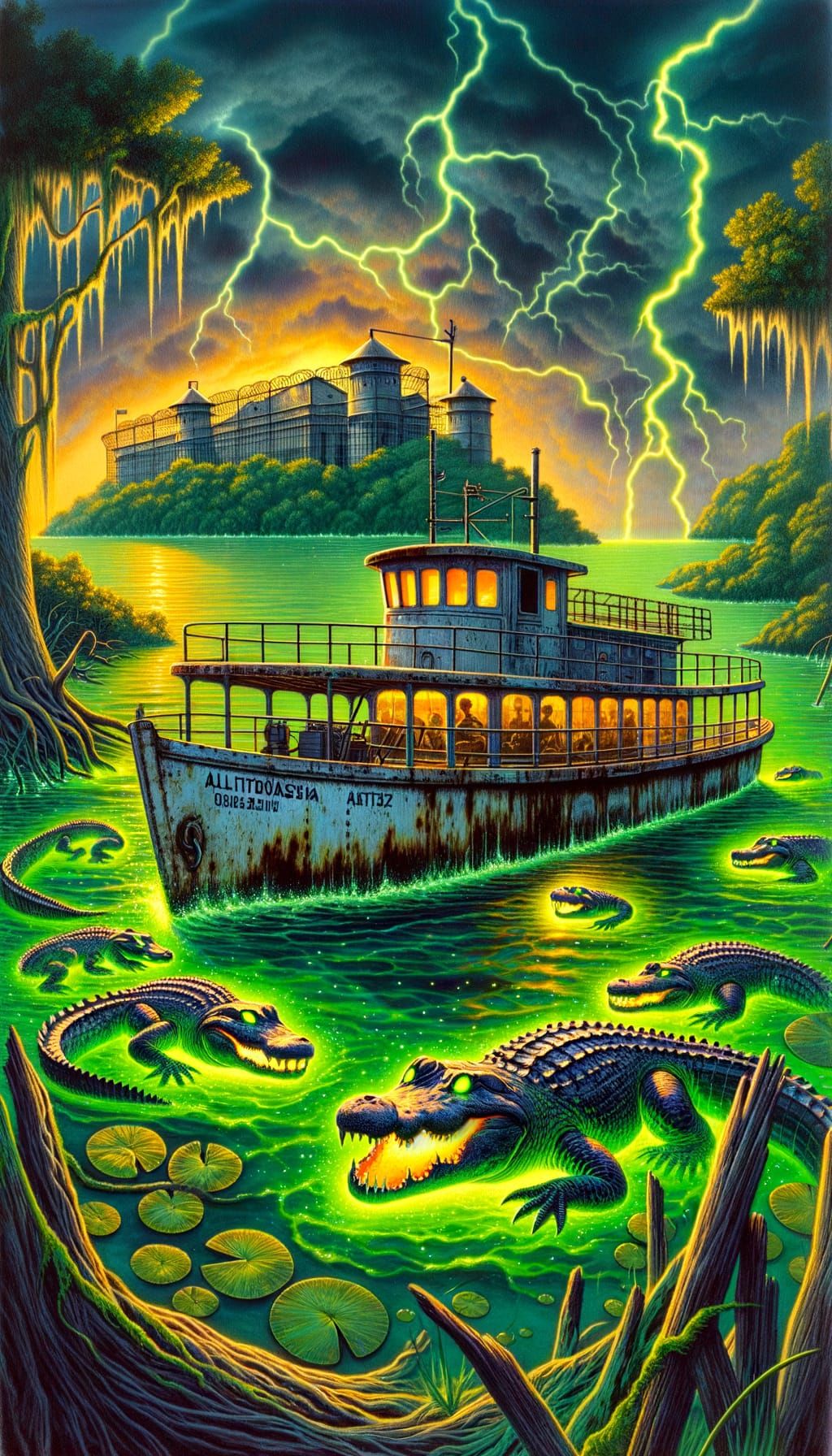 Eerie Swamp Prison Ferry in Storybook Style
