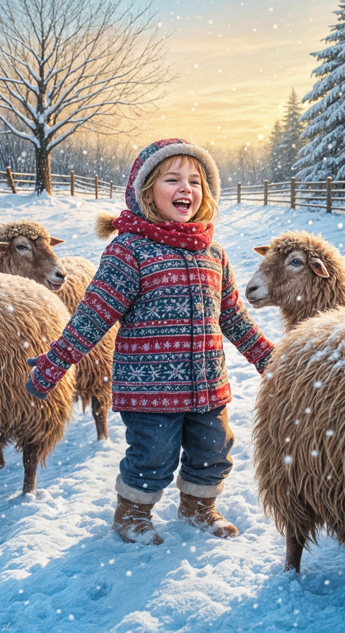 Child Plays with Sheep in Snowy Winter Wonderland