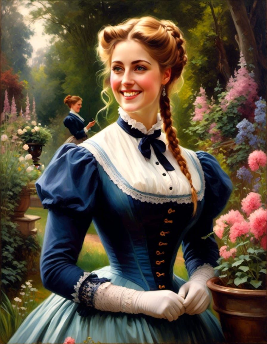 Victorian Woman in Forest, Detailed Oil Painting