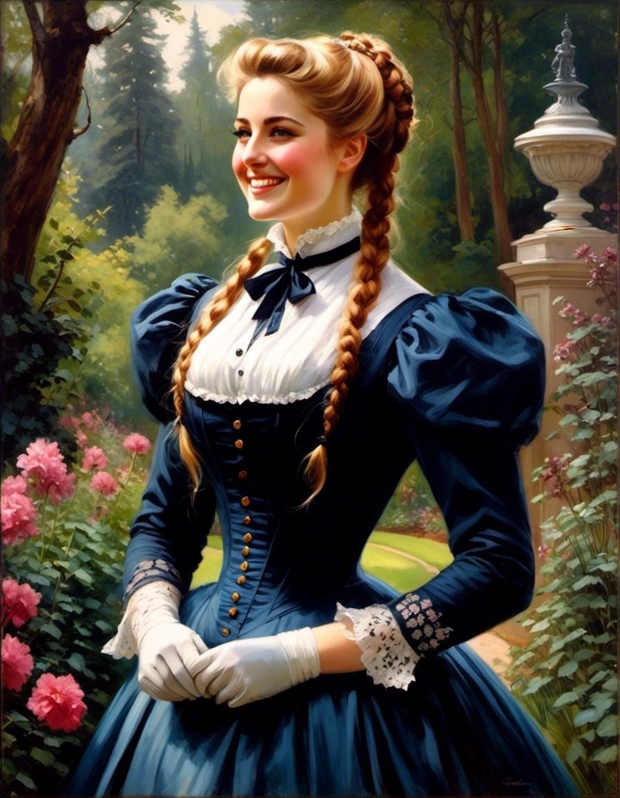 Victorian Woman in Flowered Silk Dress