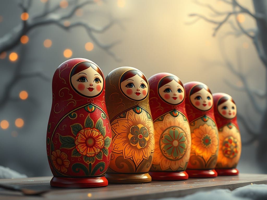 Zhostovo Style Matryoshka Dolls in a Row