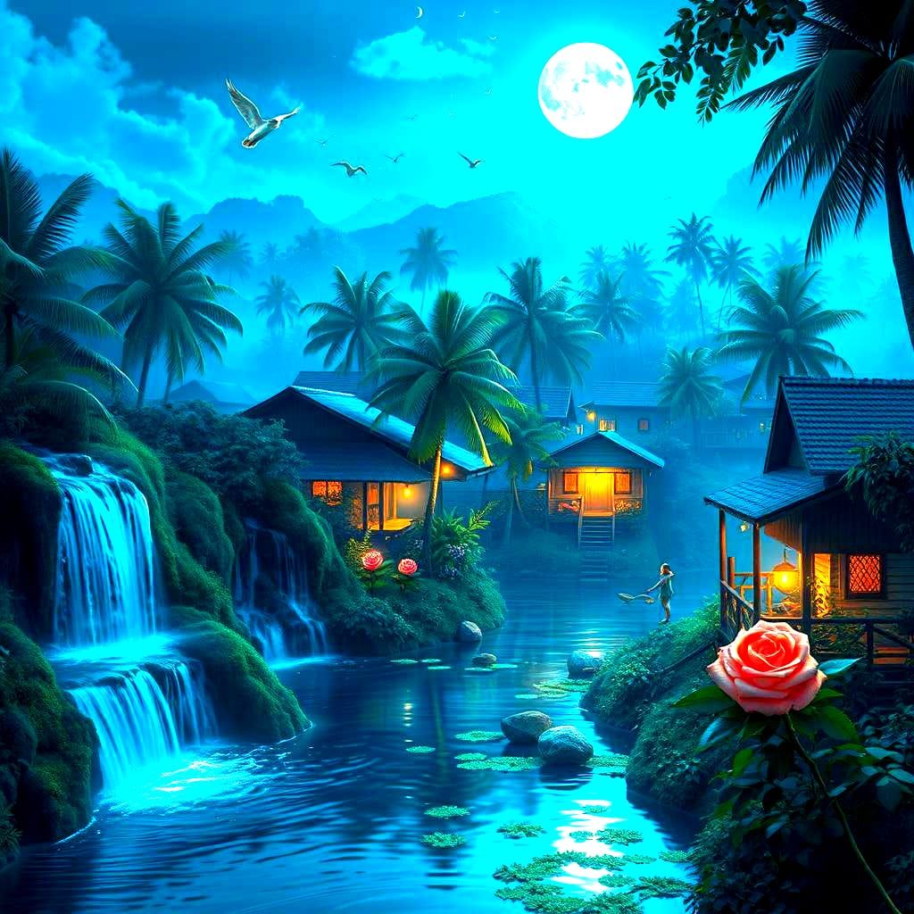 Red Village with Sparkling Lights in Detailed Matte Painting