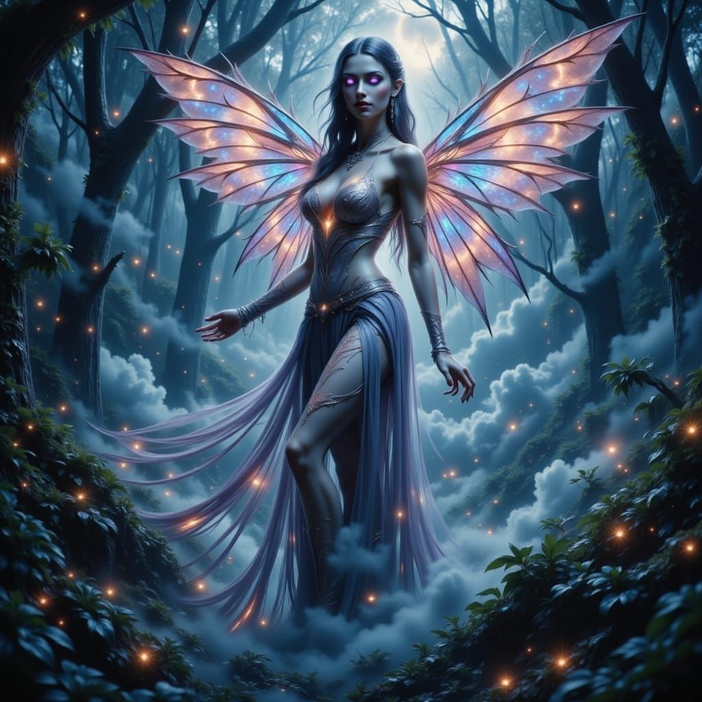 Ethereal Fairy in Alien Forest with Iridescent Wings