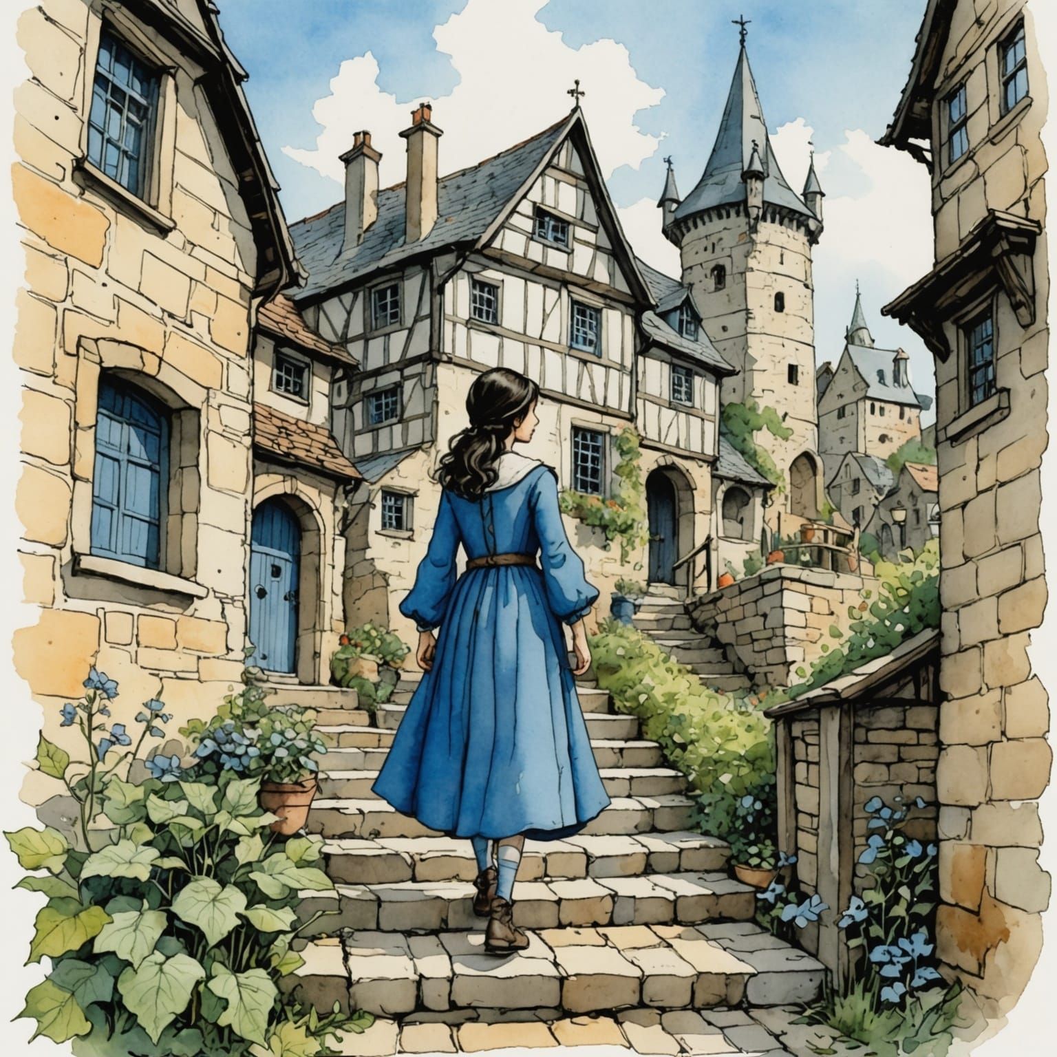 Medieval Girl Climbing Stairs in Storybook Illustration