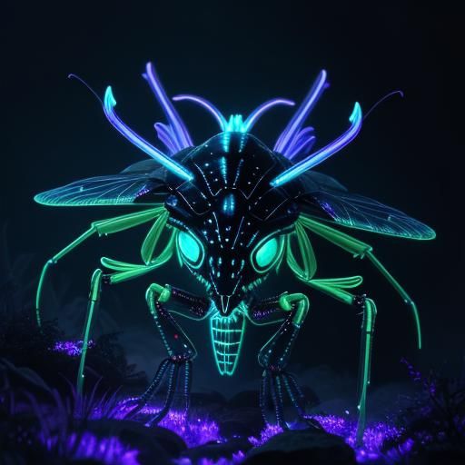 Bioluminescent Alien Insectoid in Neon Noir Style