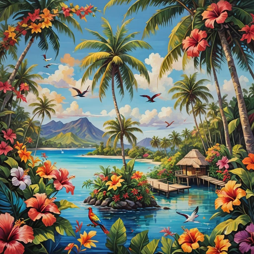 Tropical Island Paradise: Vibrant Oil Painting
