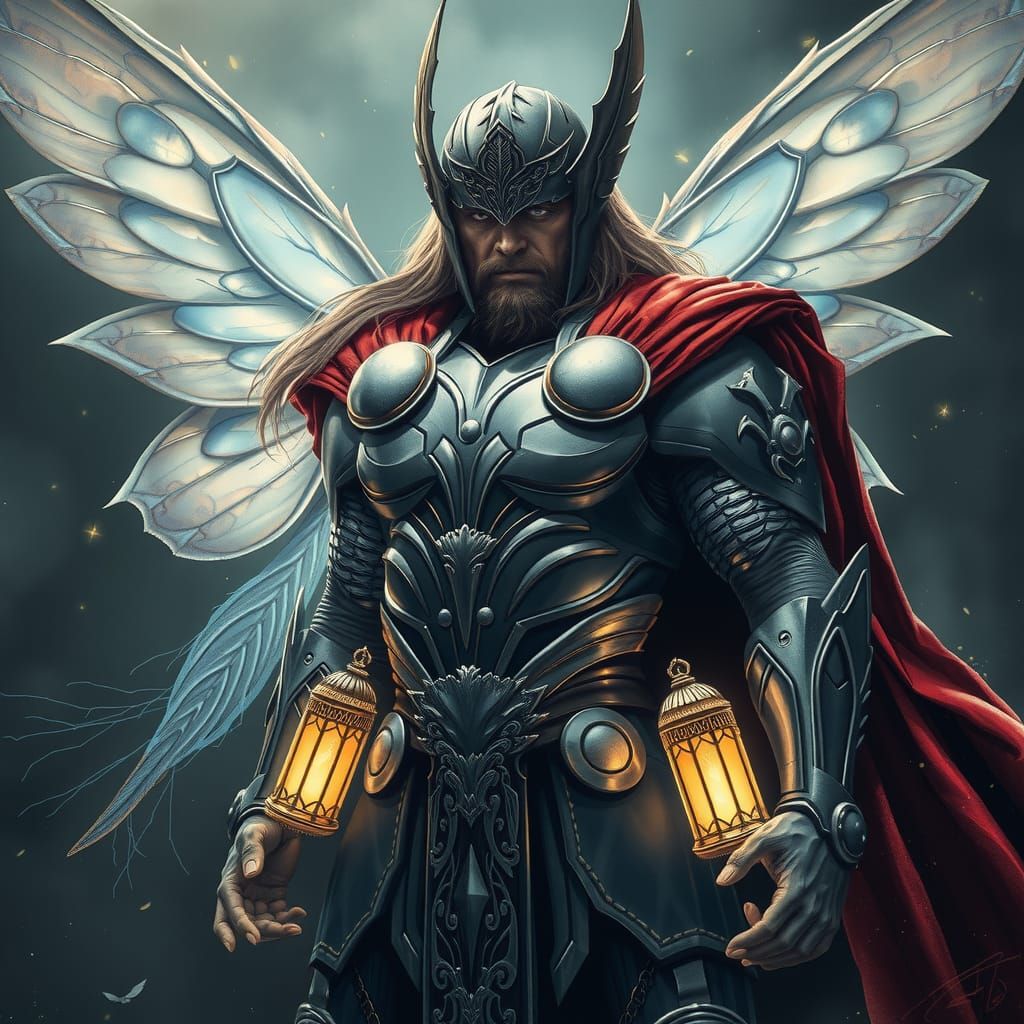 Gods of Eerie Beauty Unite: Thor and Moth Woman in Dreamlike...