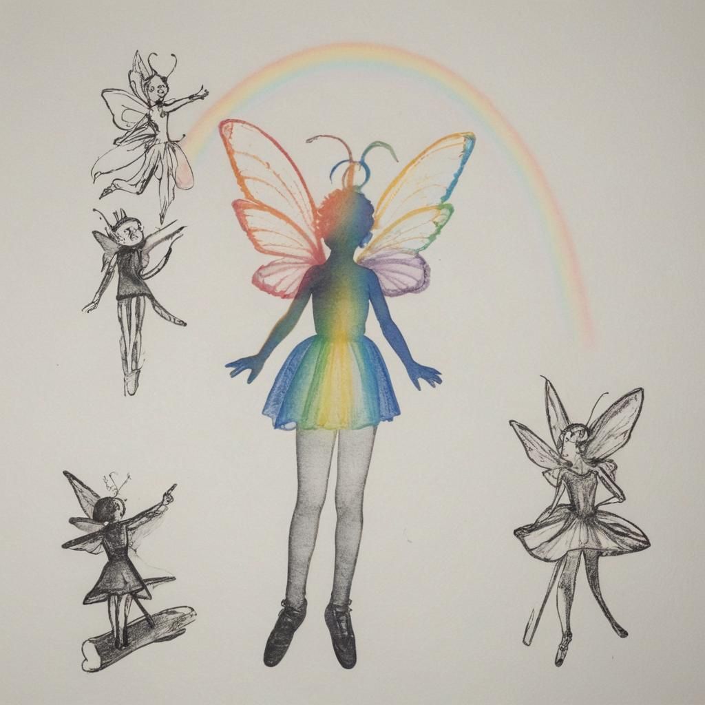 Surreal Child's Drawing with Rainbow Fairy