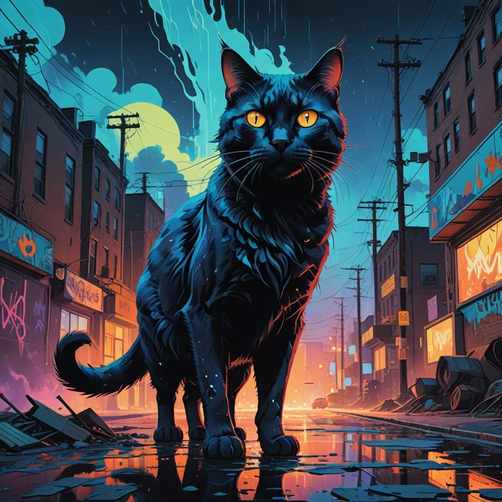 Ethereal Black Cat Radiates Electric Blue Glow Under Ultravi...