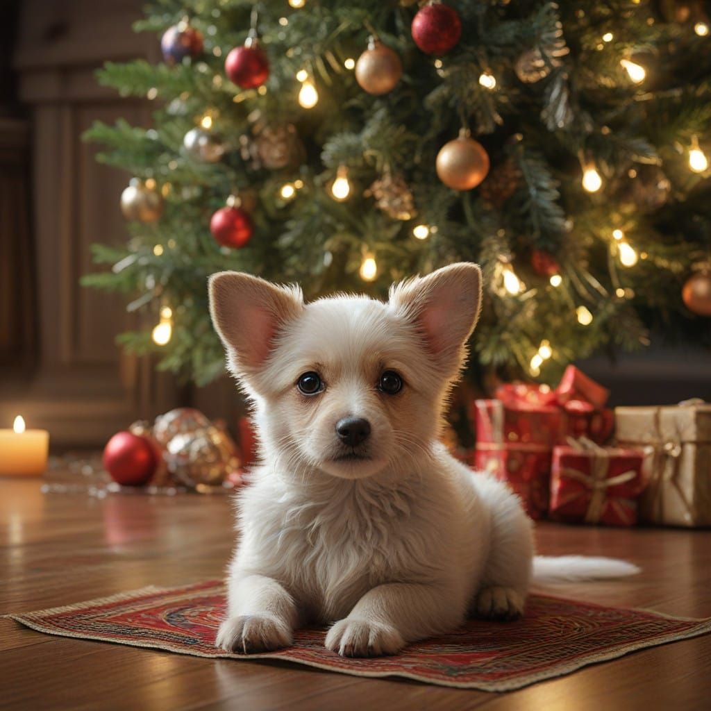 Whimsical Christmas Scene with Puppy and Tree