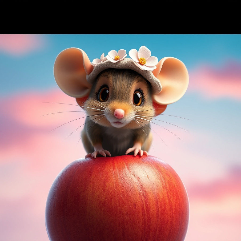 Mouse with Flower Hat on Apple, 3D Render