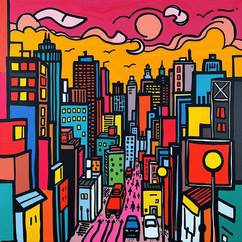 Vibrant Cityscape in Bold Graphic Oil Painting Style