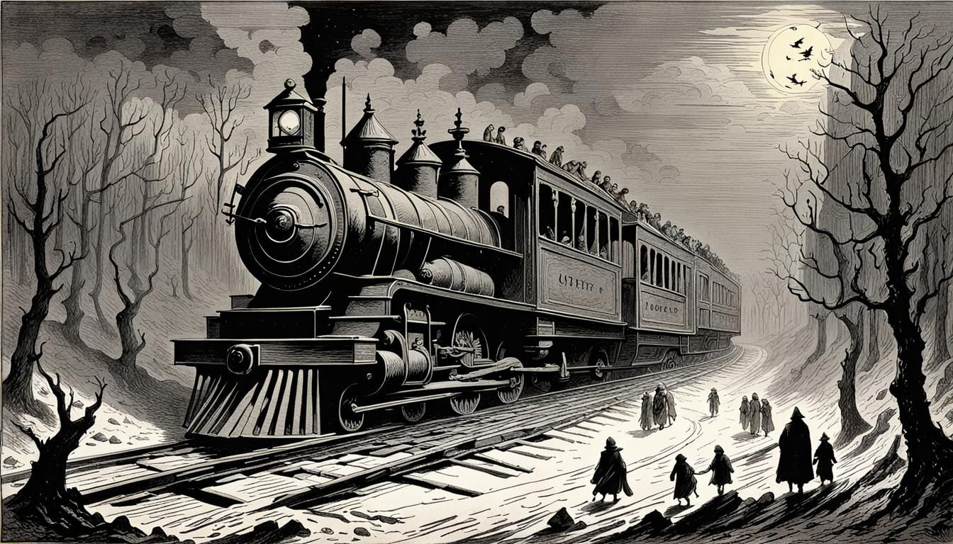 Eerie Train Stop in Gustave DorΓ© Horror Style