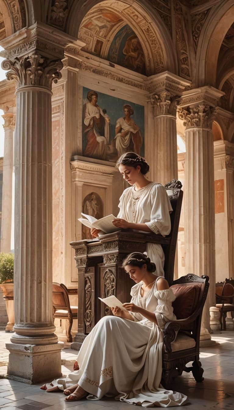 Young Roman Woman Reading Note in Mansion
