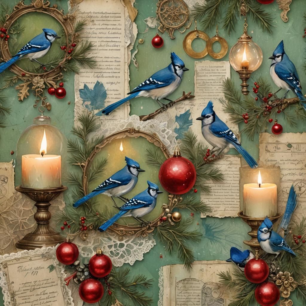 Vintage Christmas Collage with Blue Jays