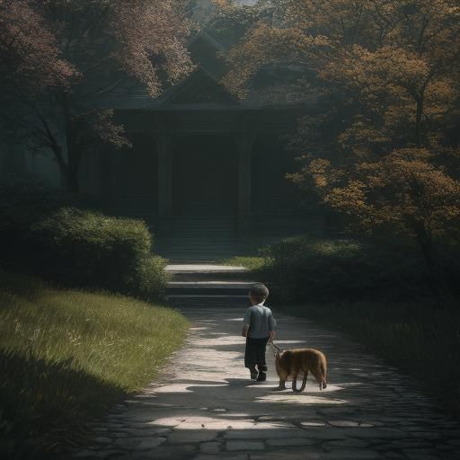 Boy and Puppy Stroll on Summer Day
